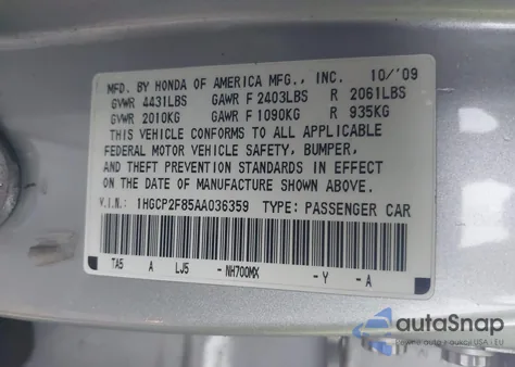 2010 Honda Accord 2.4 Ex-L from USA, damaged, VIN 1HGCP2F85AA036359
